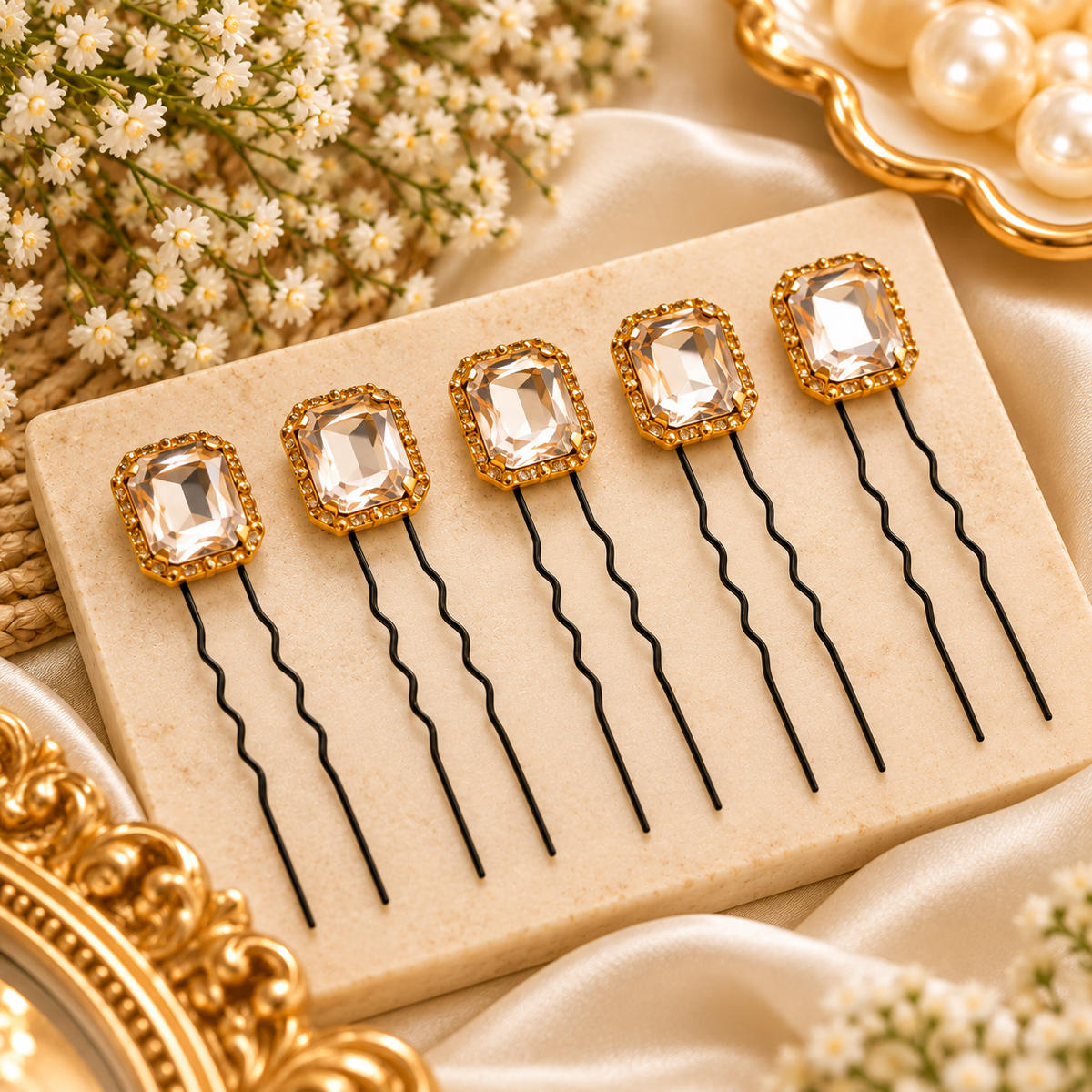 Sheesh Mahal Crystal Pins – Set of 5 | Gold Teardrop Crystal U-Pins