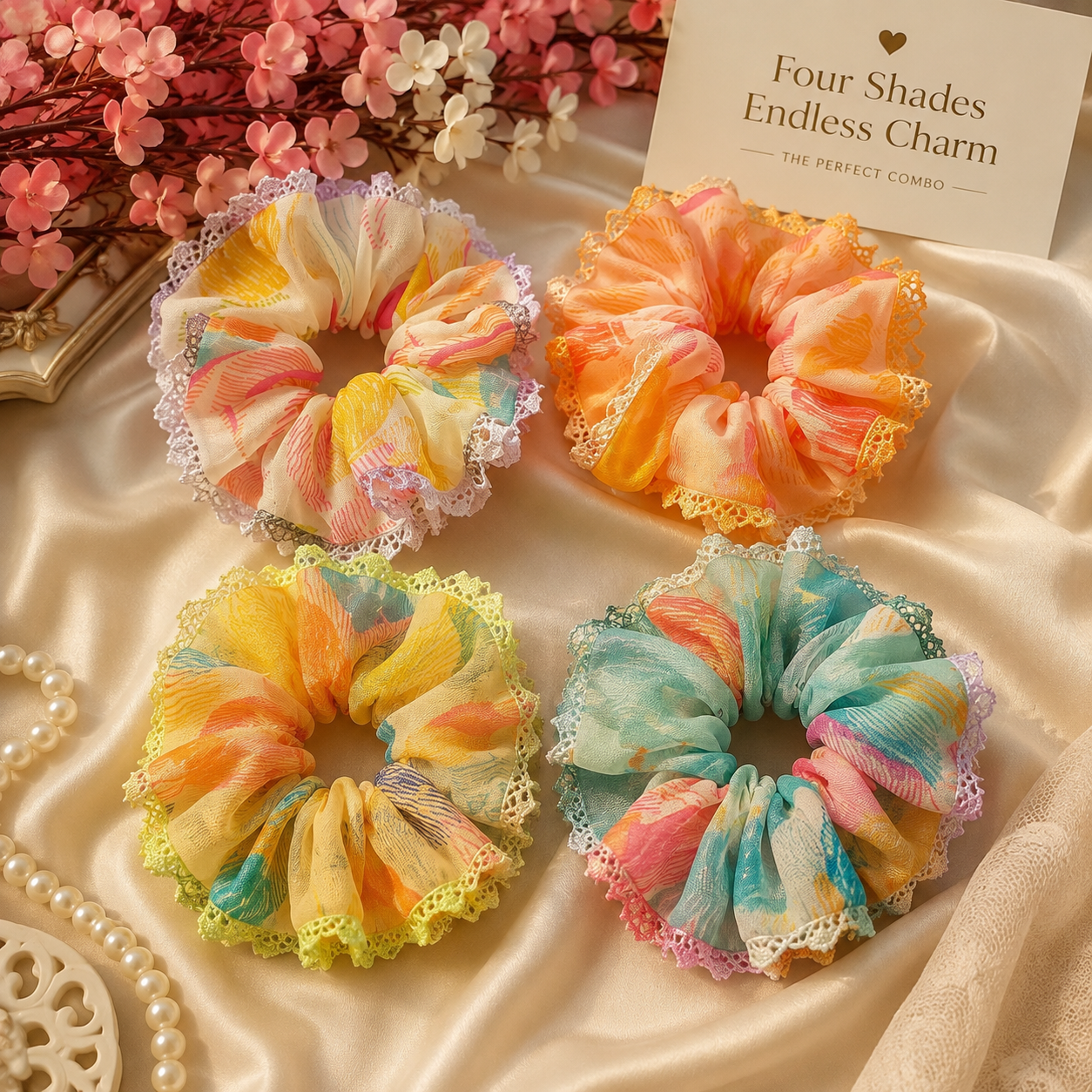 Organza Lace Scrunchie Set of 4 | Pastel Floral Printed Hair Scrunchies | Handmade Statement Scrunchies