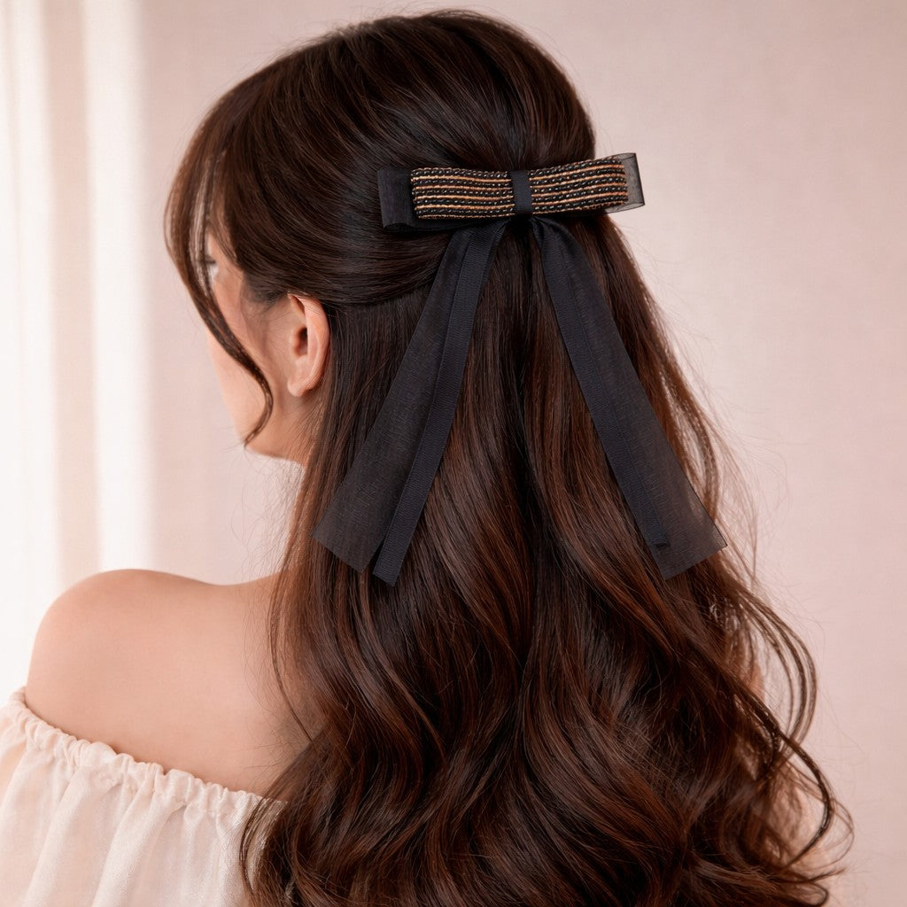 Pearl Satin Organza Hair Bow Clip – 5CM Barrette | Handmade Luxury Accessory
