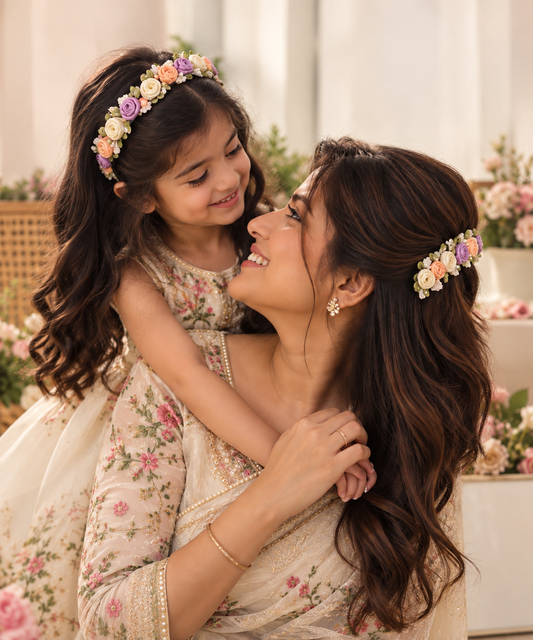 Handmade Mother Daughter Floral Hair Accessories Set | Flower Headband & Barrette Clip