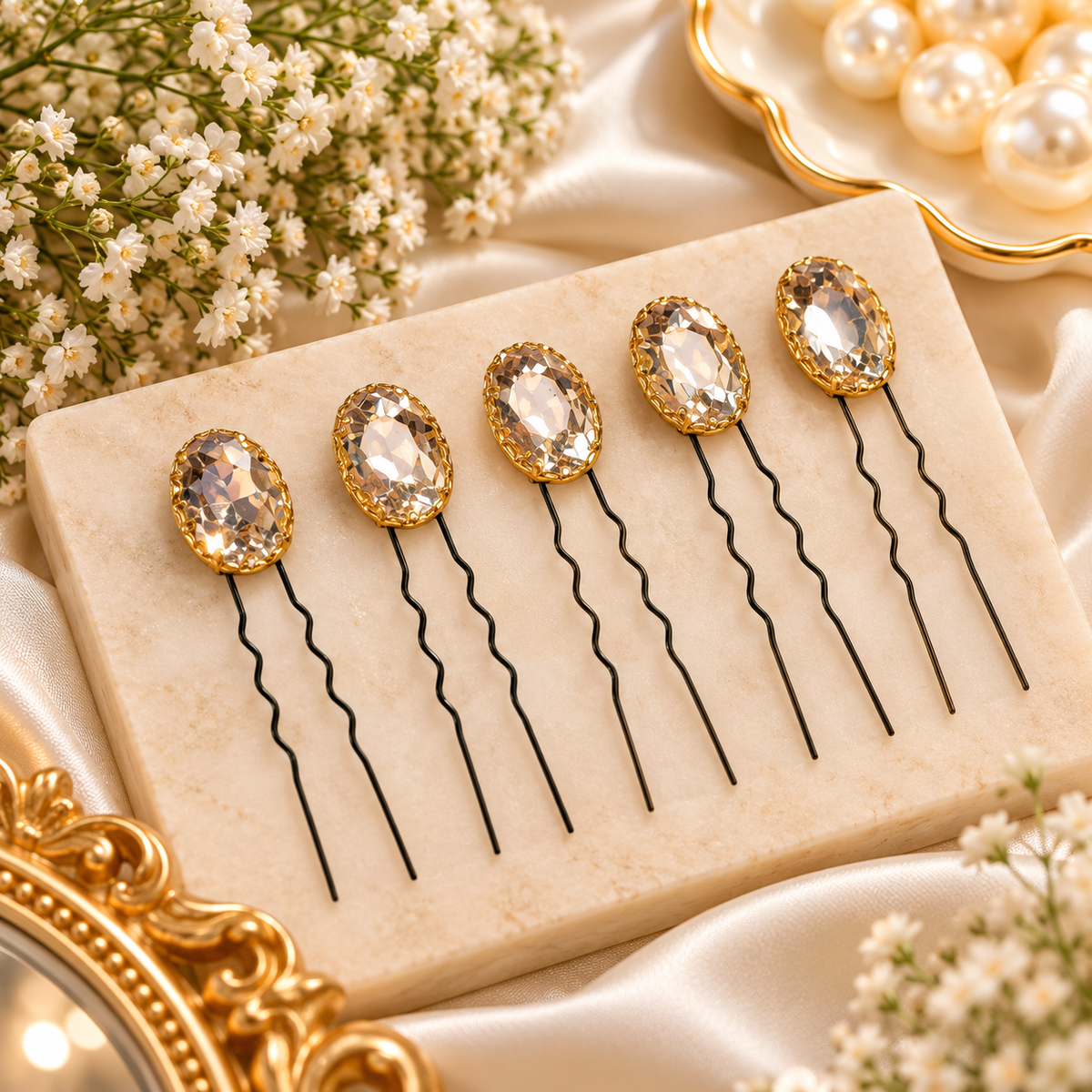 Sheesh Mahal Crystal Pins – Set of 5 | Gold Teardrop Crystal U-Pins