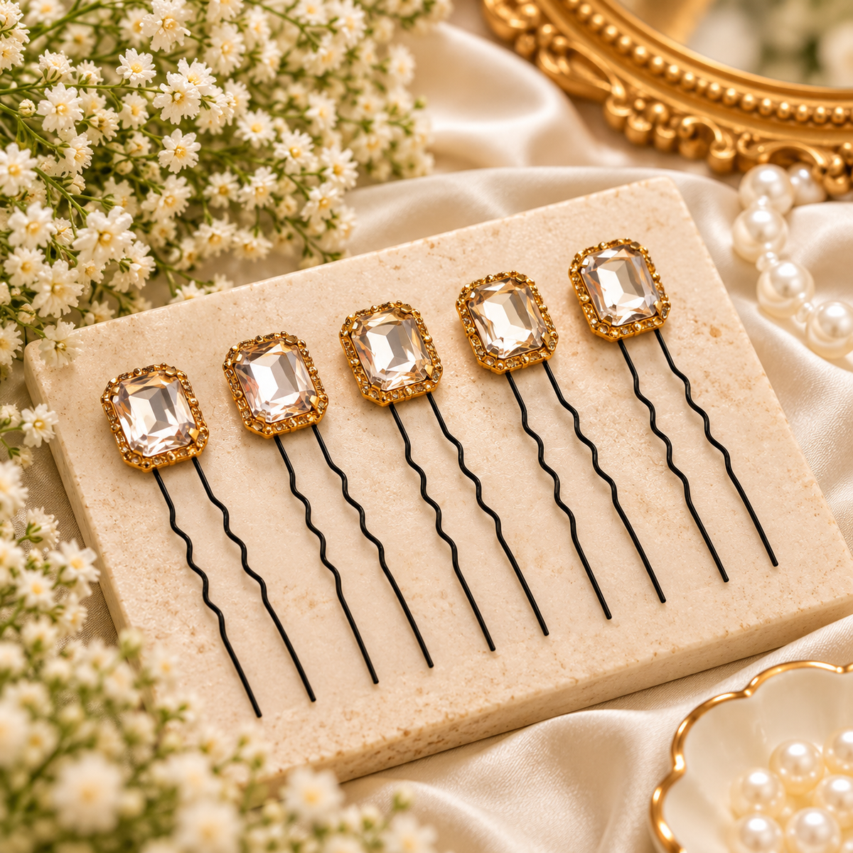 Sheesh Mahal Crystal Pins – Set of 5 | Gold Teardrop Crystal U-Pins
