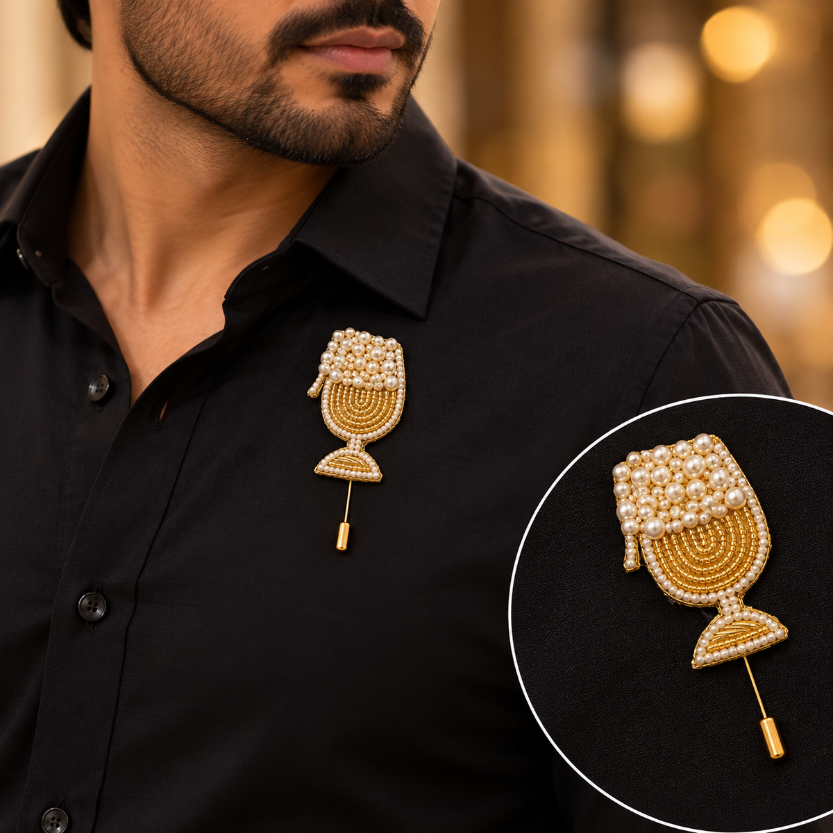 Pour champagne - Handcrafted Beaded Flower Lapel Pin – Elegant Brooch for Men & Women