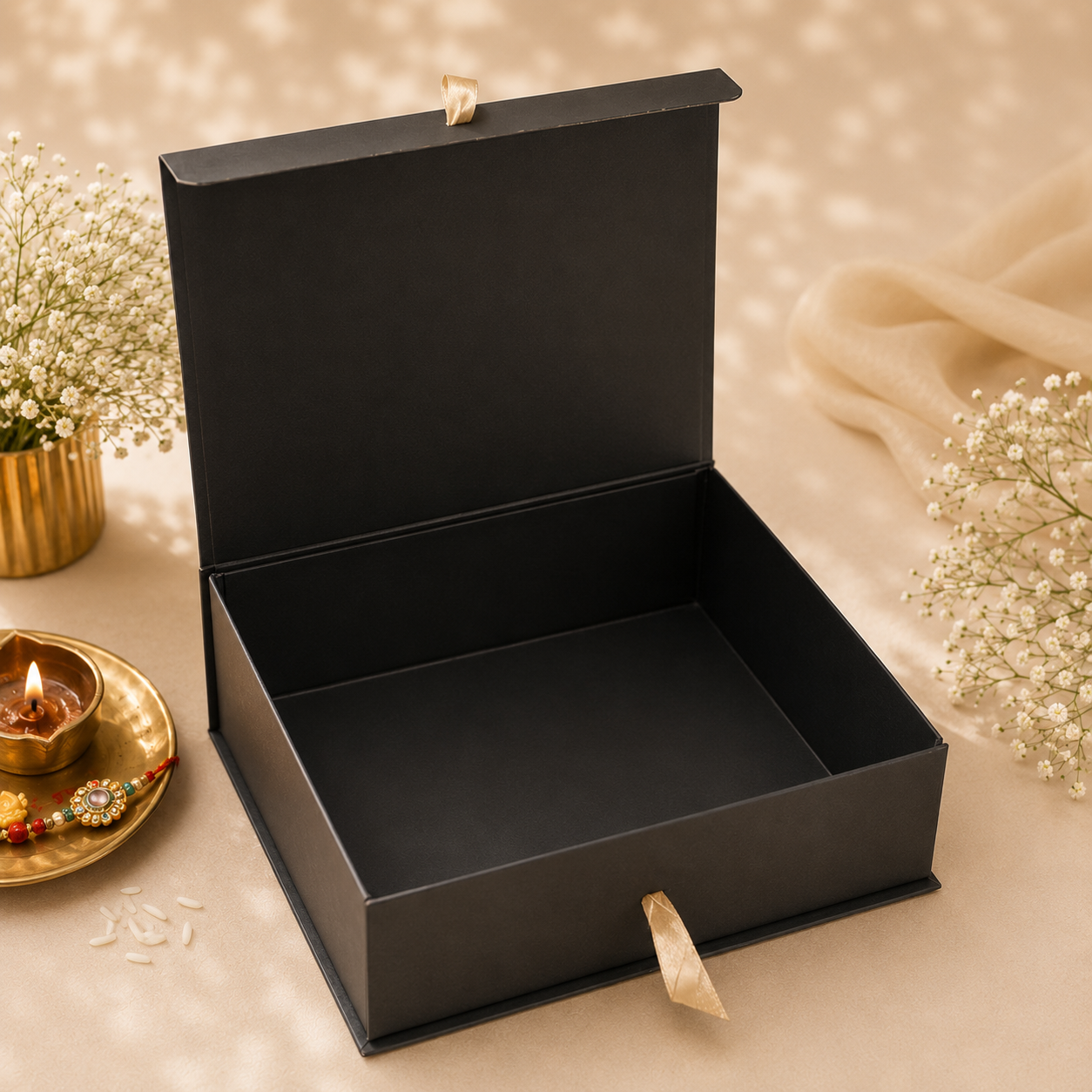 Luxury Black Magnetic Gift Hamper Box with Ribbon Closure | Reusable Premium Gift Box