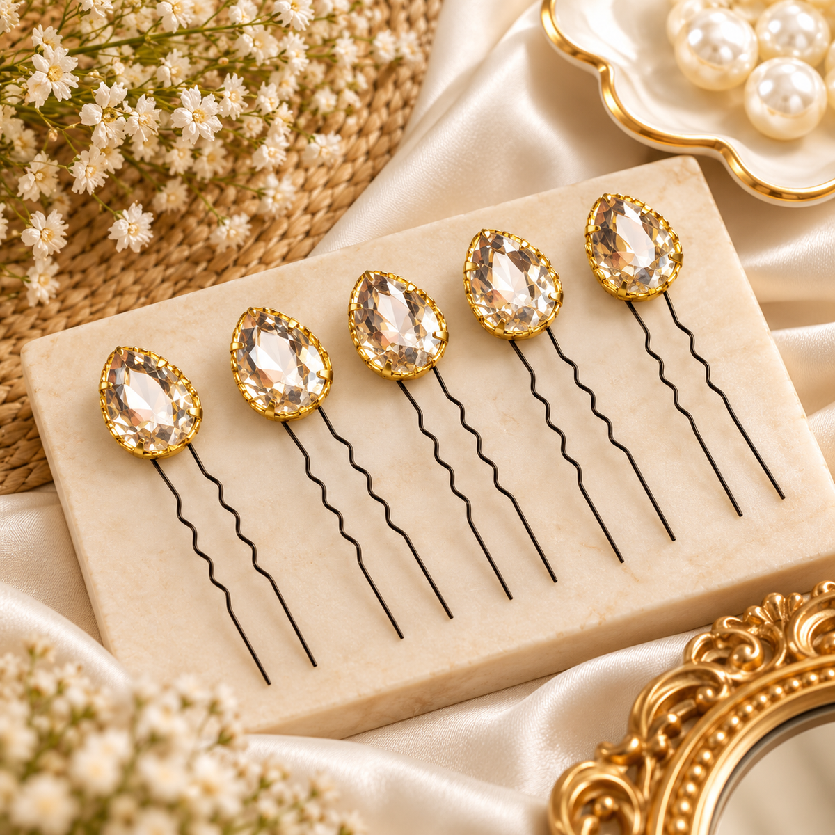 Sheesh Mahal Crystal Pins – Set of 5 | Gold Teardrop Crystal U-Pins