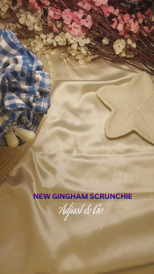 🎀 Adjust & Go Gingham Blue Scrunchie- Adjust it. Style it. Forget the pulling. 🤍
